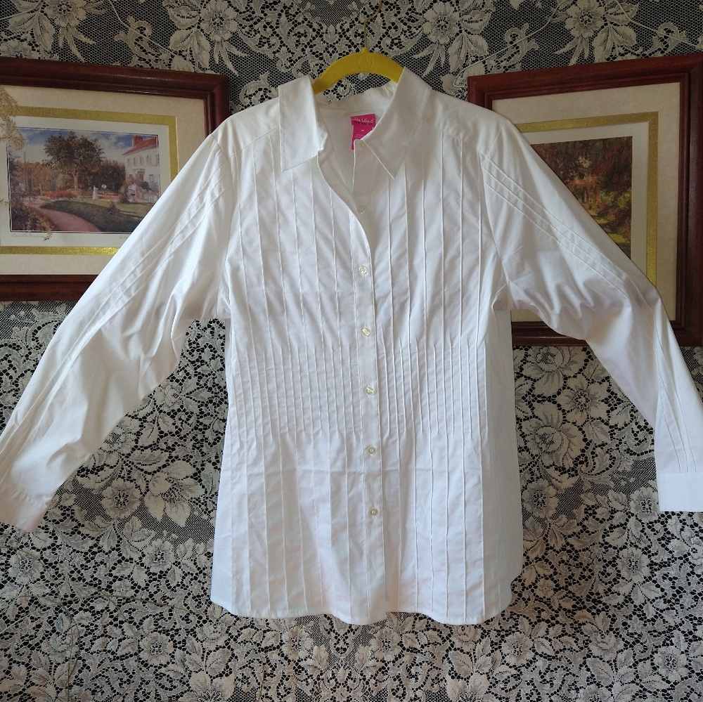Du Jour white long sleeve shirt vertical ruffle button up with button on cuff - Picture 1 of 5